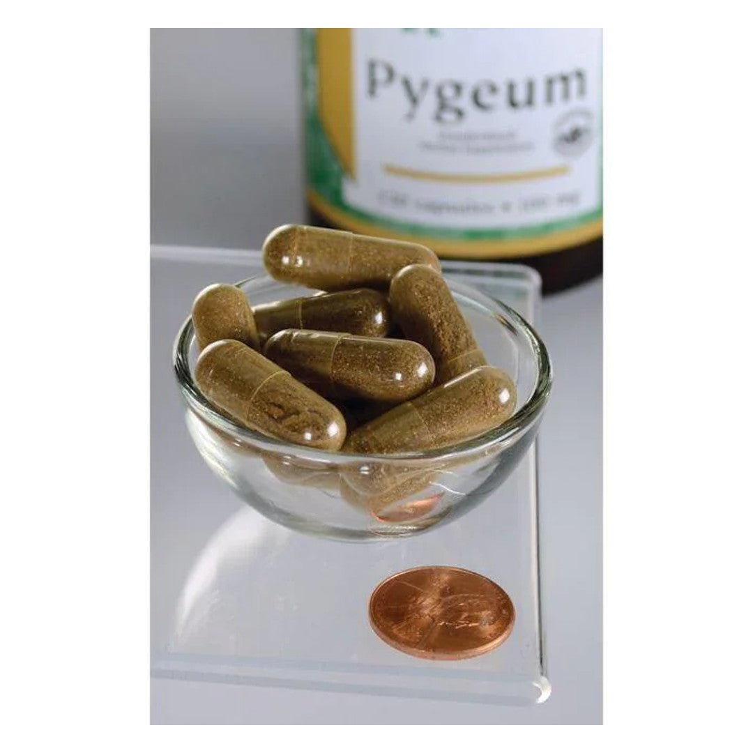 Swanson Corteccia ed estratto di Pygeum - 120 capsule in una ciotola accanto a un penny, per promuovere la salute della prostata.
