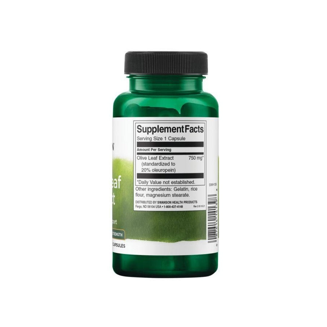 Un flacone di Estratto di foglie di olivo - 750 mg 60 capsule con proprietà antiossidanti, a marchio Swanson.