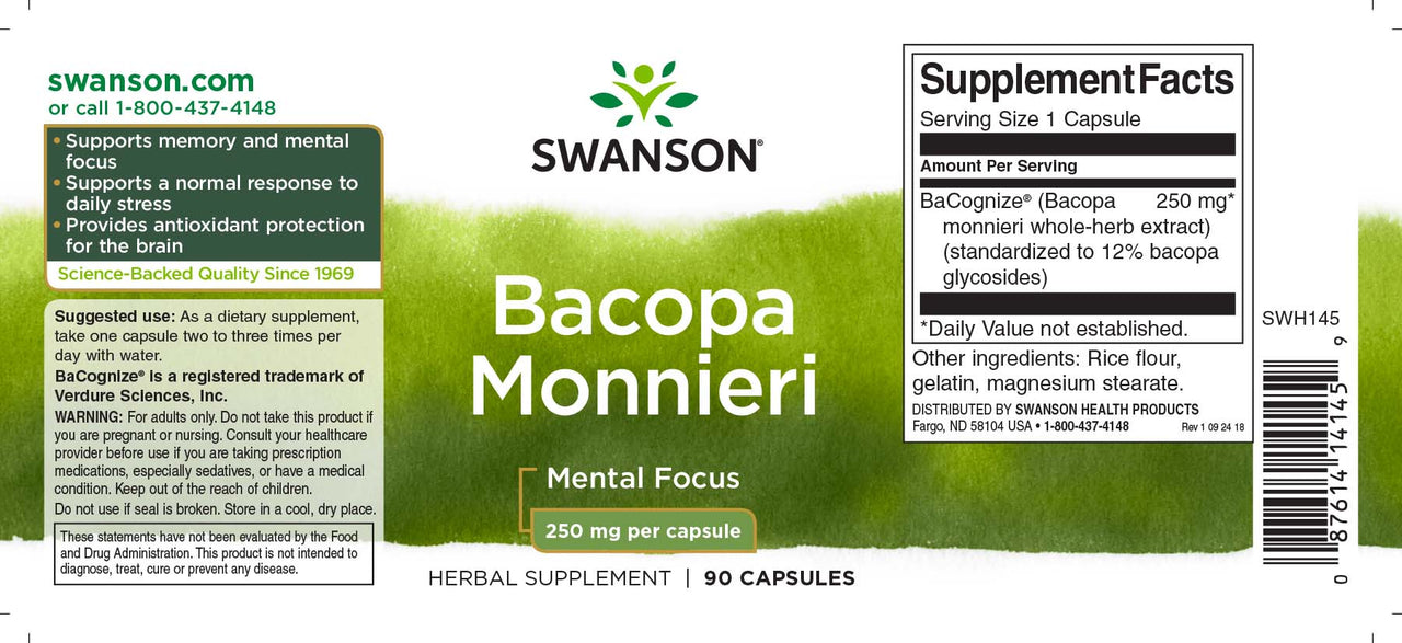Swanson Bacopa Monnieri - 250 mg 90 capsule Integratore alimentare.