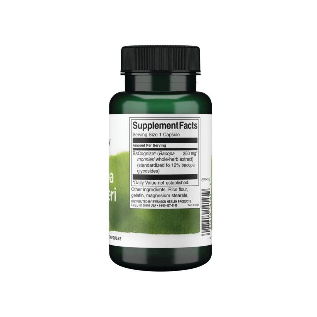 Un flacone da 250 mg di capsule di Bacopa Monnieri, un integratore alimentare con estratto di tè verde.