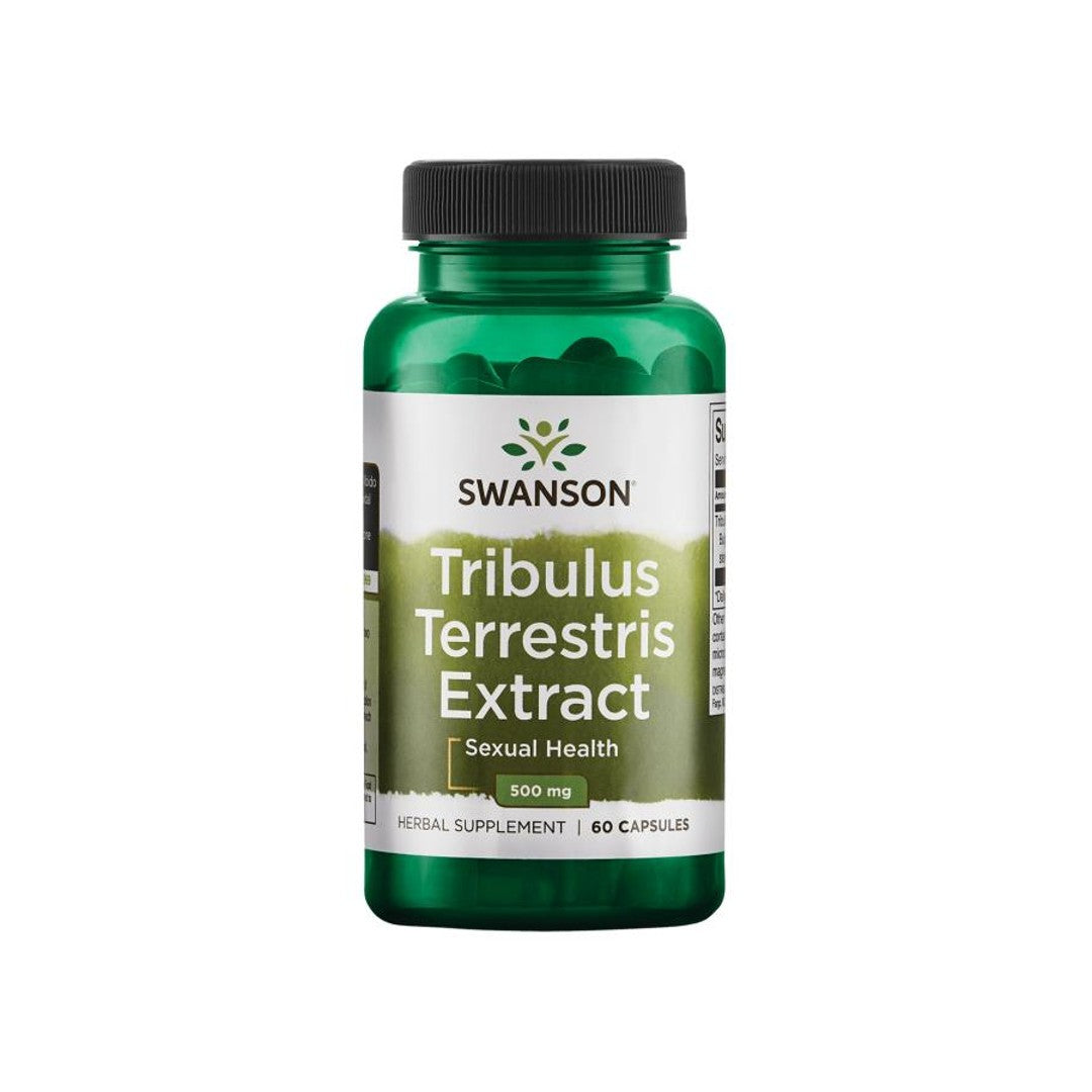 Un flacone di integratore alimentare Swanson contenente Tribulus Terrestris Extract - 500 mg 60 capsule, un potente ingrediente che aumenta il testosterone.