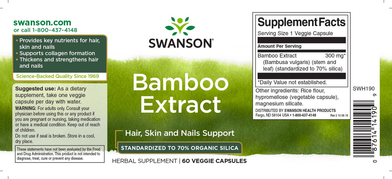 Etichetta dell'integratore alimentare Swanson Estratto di bambù - 300 mg 60 capsule vegetali.