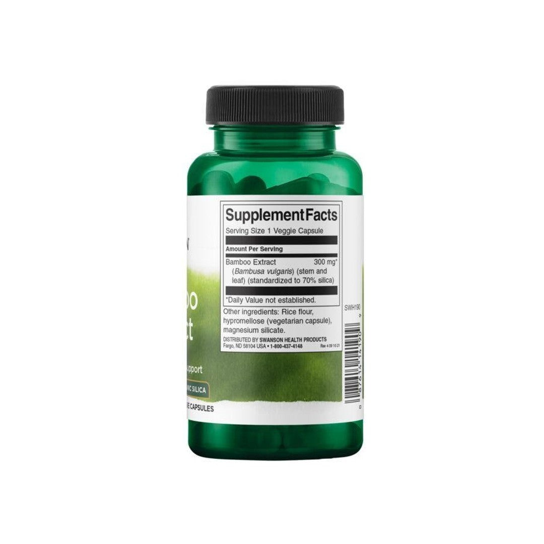 Flacone di integratore alimentare Swanson Estratto di bambù - 300 mg 60 capsule vegetali su sfondo bianco.