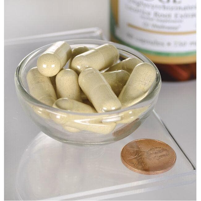 DGL Liquirizia deglicirrizzata - 750 mg 90 capsule da Swanson in una ciotola accanto a un centesimo.