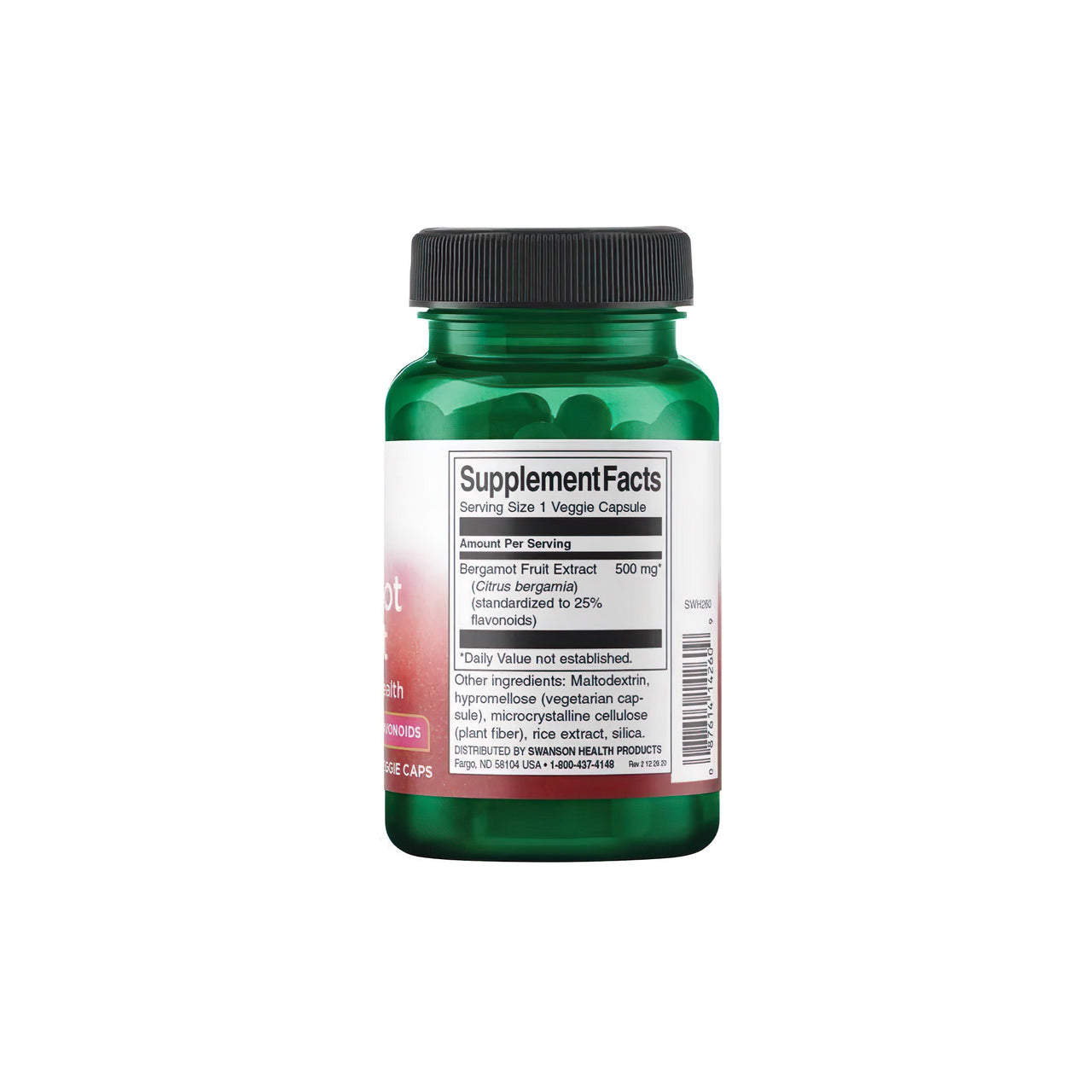 Flacone di integratore alimentare Swanson Bergamot Extract 500 mg 30 vcaps su sfondo bianco.