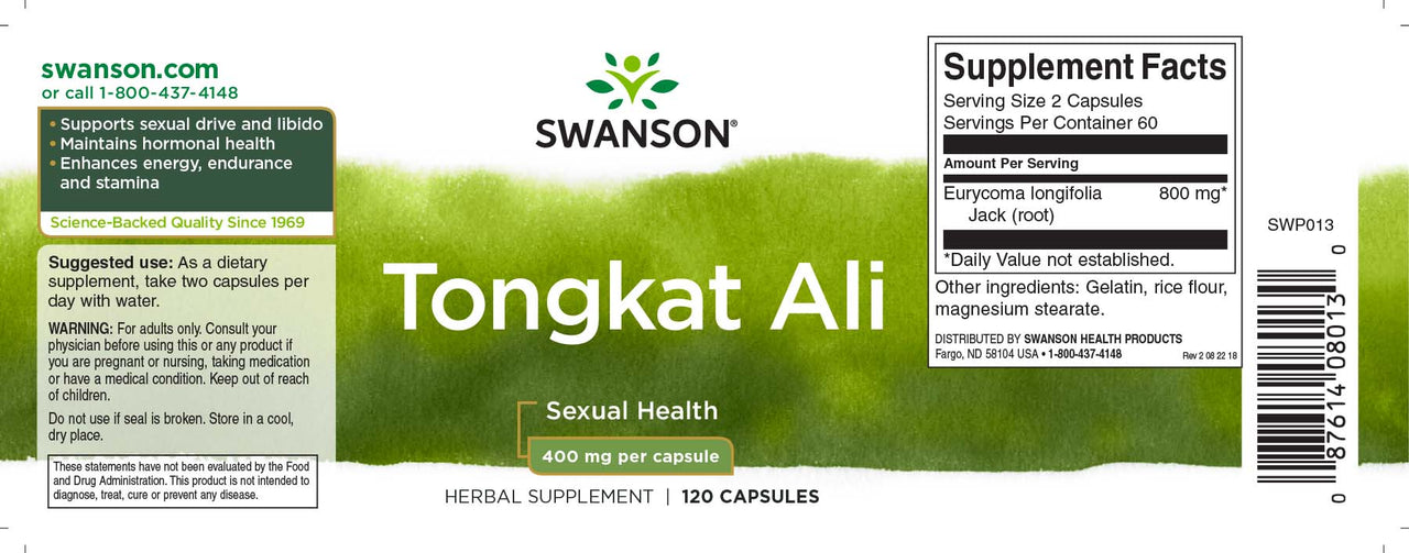 L'etichetta di Swanson's Tongkat Ali - 400 mg 120 capsule è specificamente progettata per migliorare il desiderio sessuale, la resistenza e la forza, promuovendo anche la salute ormonale.