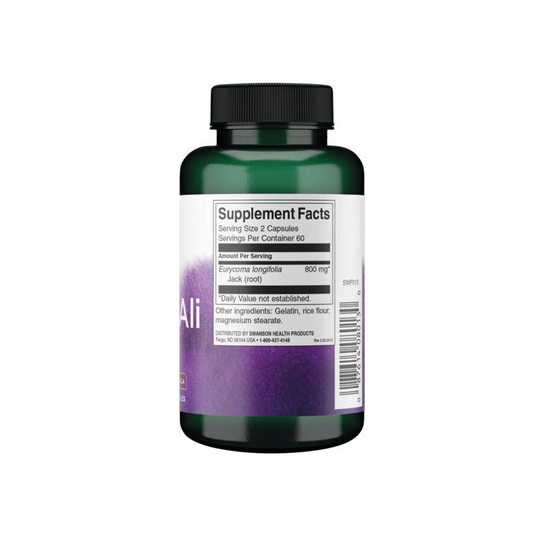 Un flacone di Swanson Tongkat Ali - 400 mg 120 capsule con etichetta viola che promuove la salute ormonale.