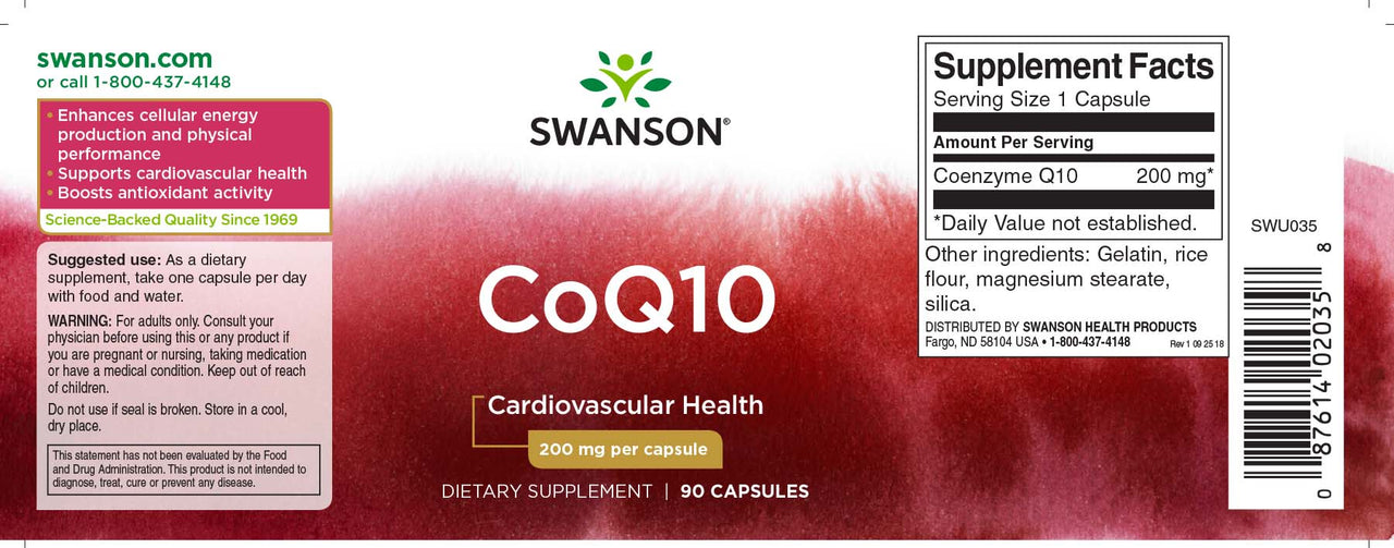 Un flacone di Swanson Coenzima Q1O - 200 mg 90 capsule con etichetta rossa.