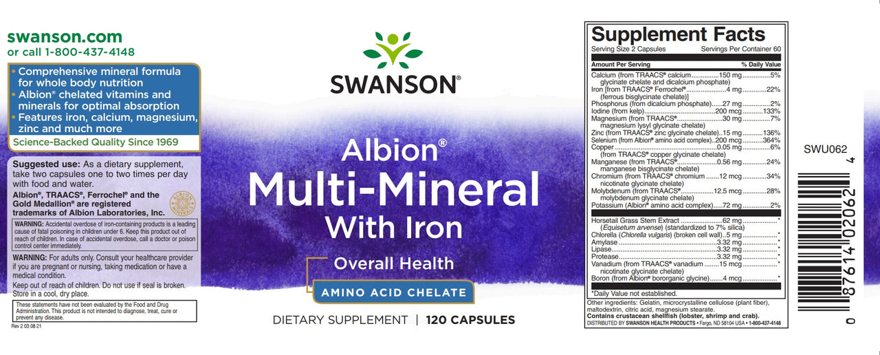 Swinson Multi Mineral With Iron - 120 capsule Albion Chelated è un integratore che contiene vitamine e minerali chelati Albion, compresi i chelati di aminoacidi.