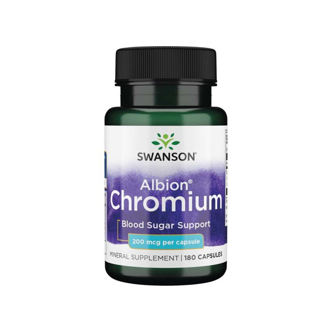 Green bottle of Swanson Albion Chromium, offering 200 mcg chromium picolinate per capsule for blood sugar support and weight management, includes 180 dietary supplement capsules.