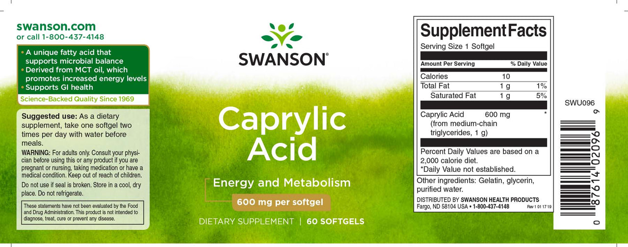 L'etichetta dell'integratore alimentare Swanson Acido caprilico - 600 mg 60 softgel.