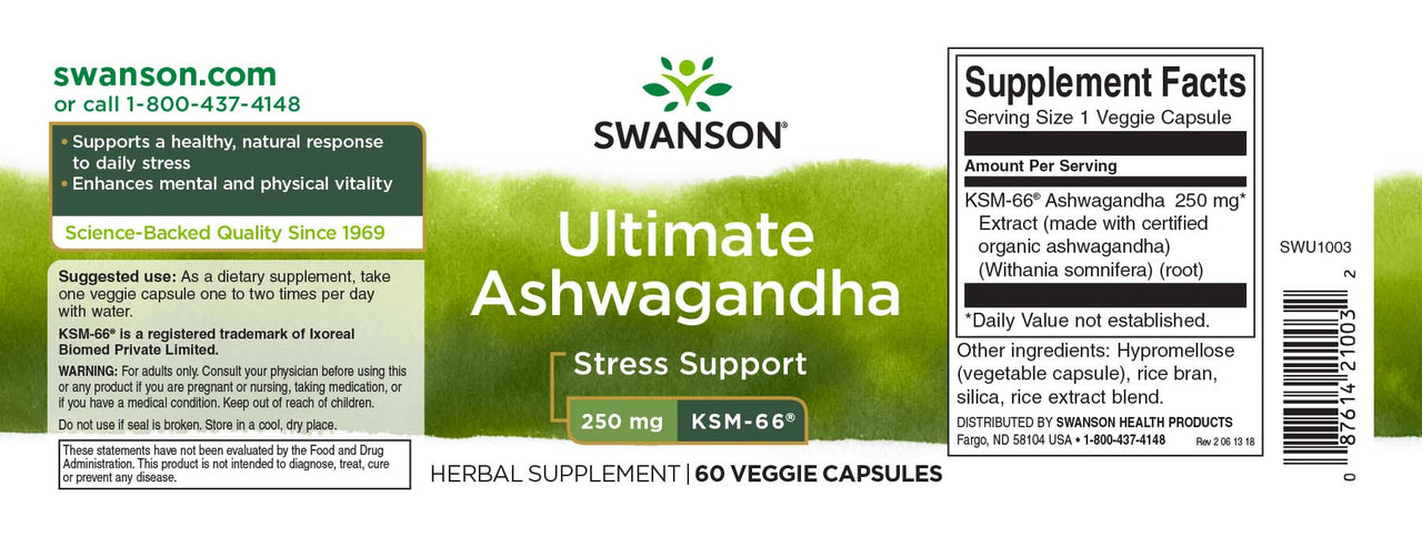 Swanson KSM-66 Ashwagandha - 250 mg 60 capsule vegetali.