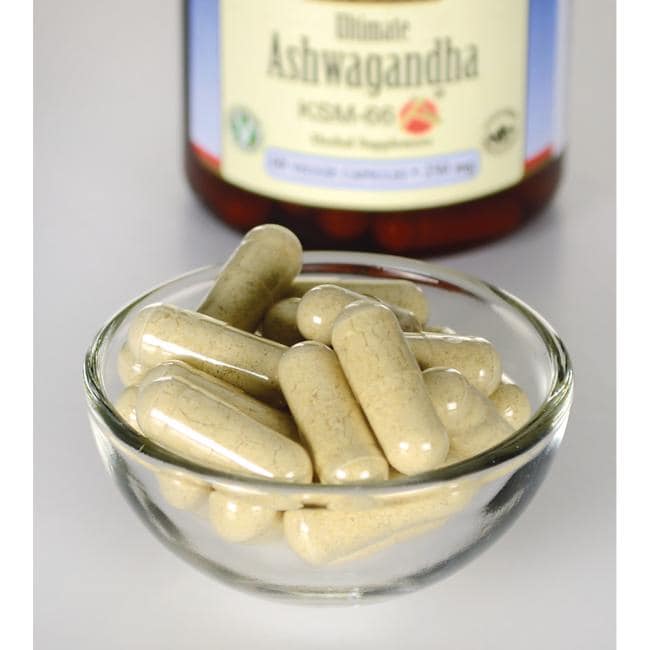 Swanson Ashwagandha - KSM-66 - 250 mg 60 capsule vegetali in una ciotola accanto a una bottiglia.
