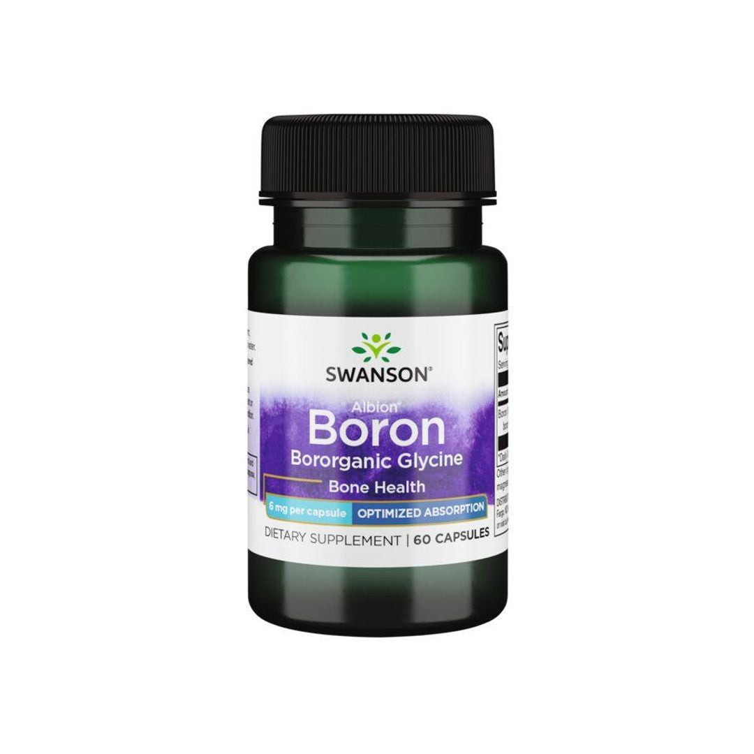 Flacone di Albion Boron Bororganic Glycine - 6 mg 60 capsule di Swanson su sfondo bianco.