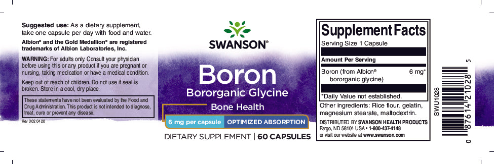 L'etichetta di Albion Boron Bororganic Glycine - 6 mg 60 capsule di Swanson.