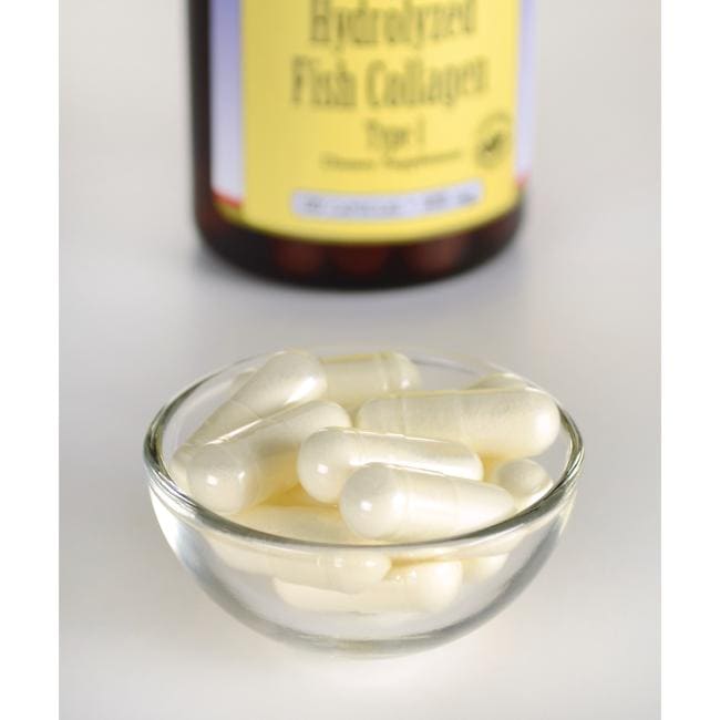 Un flacone di Collagene Marino - 400 mg 60 capsule di Swanson accanto a una ciotola di vetro.