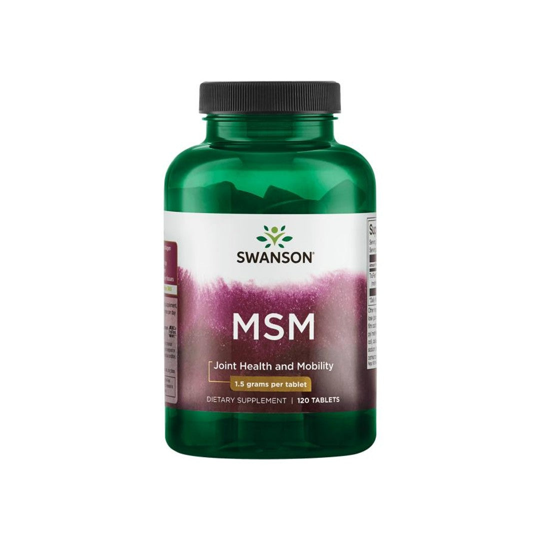 Uno sfondo bianco mostra un flacone di Swanson MSM - 1.500 mg 120 compresse, noto per i suoi benefici per le articolazioni e le sue proprietà antinfiammatorie.