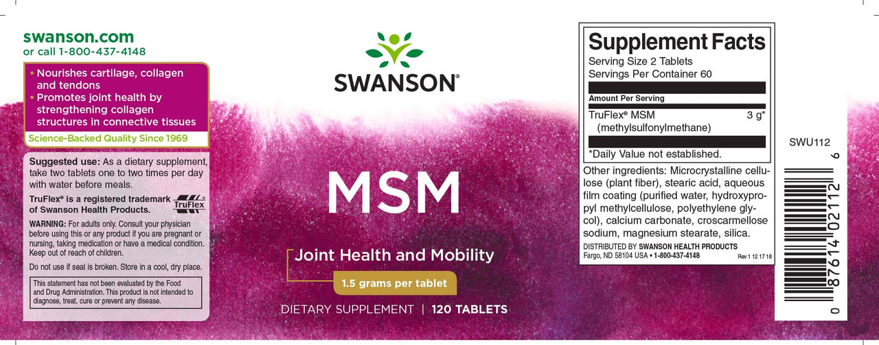 Un flacone di Swanson MSM - 1.500 mg 120 compresse con etichetta viola, noto per i suoi benefici per le articolazioni e le sue proprietà antinfiammatorie.