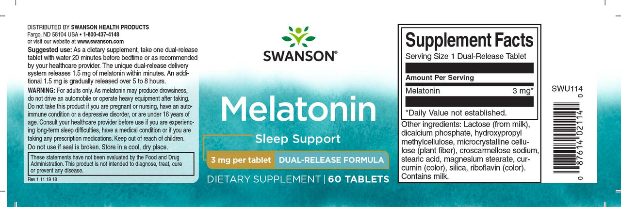 Un flacone di Swanson Melatonina - 3 mg 60 compresse a doppio rilascio per favorire il sonno.