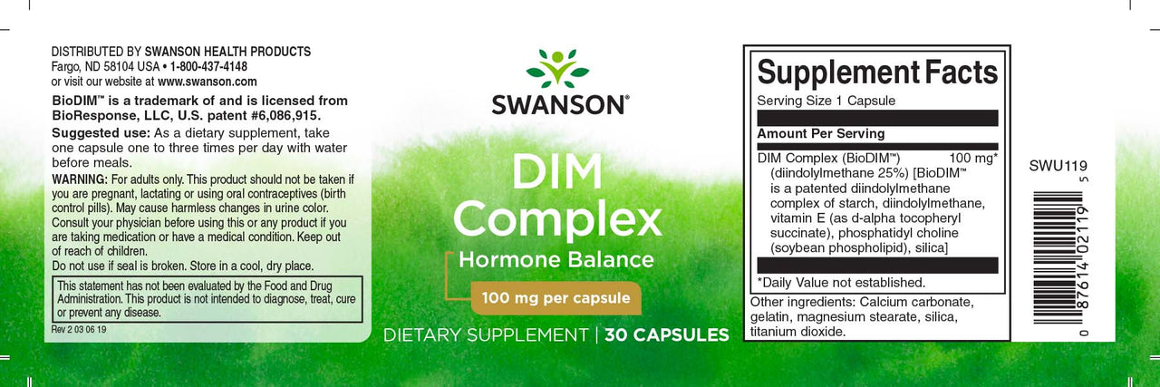 L'etichetta di Swanson's DIM Complex - 100 mg 30 capsule.