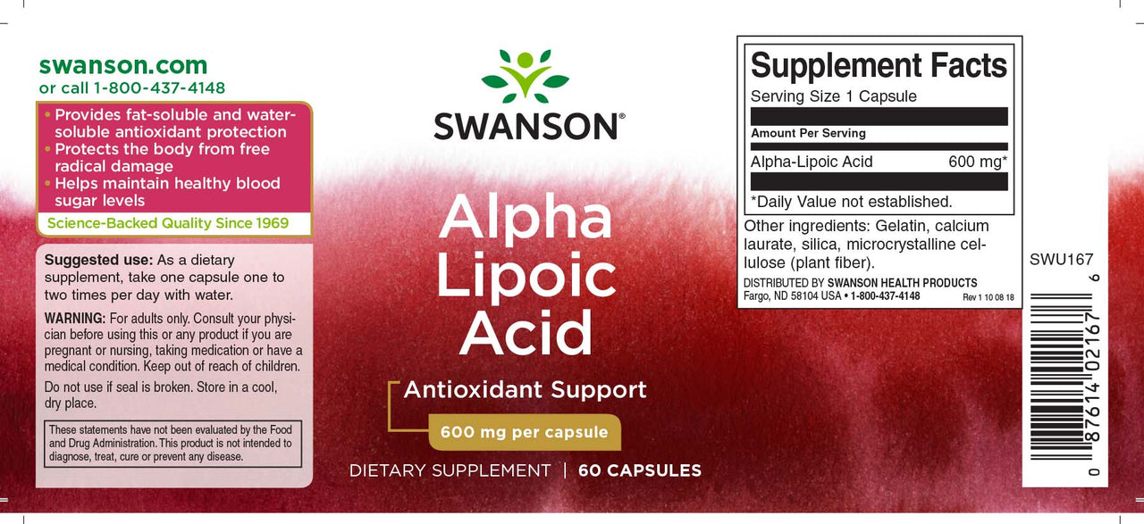 Swanson Acido alfa lipoico - 600 mg 60 capsule integratore.