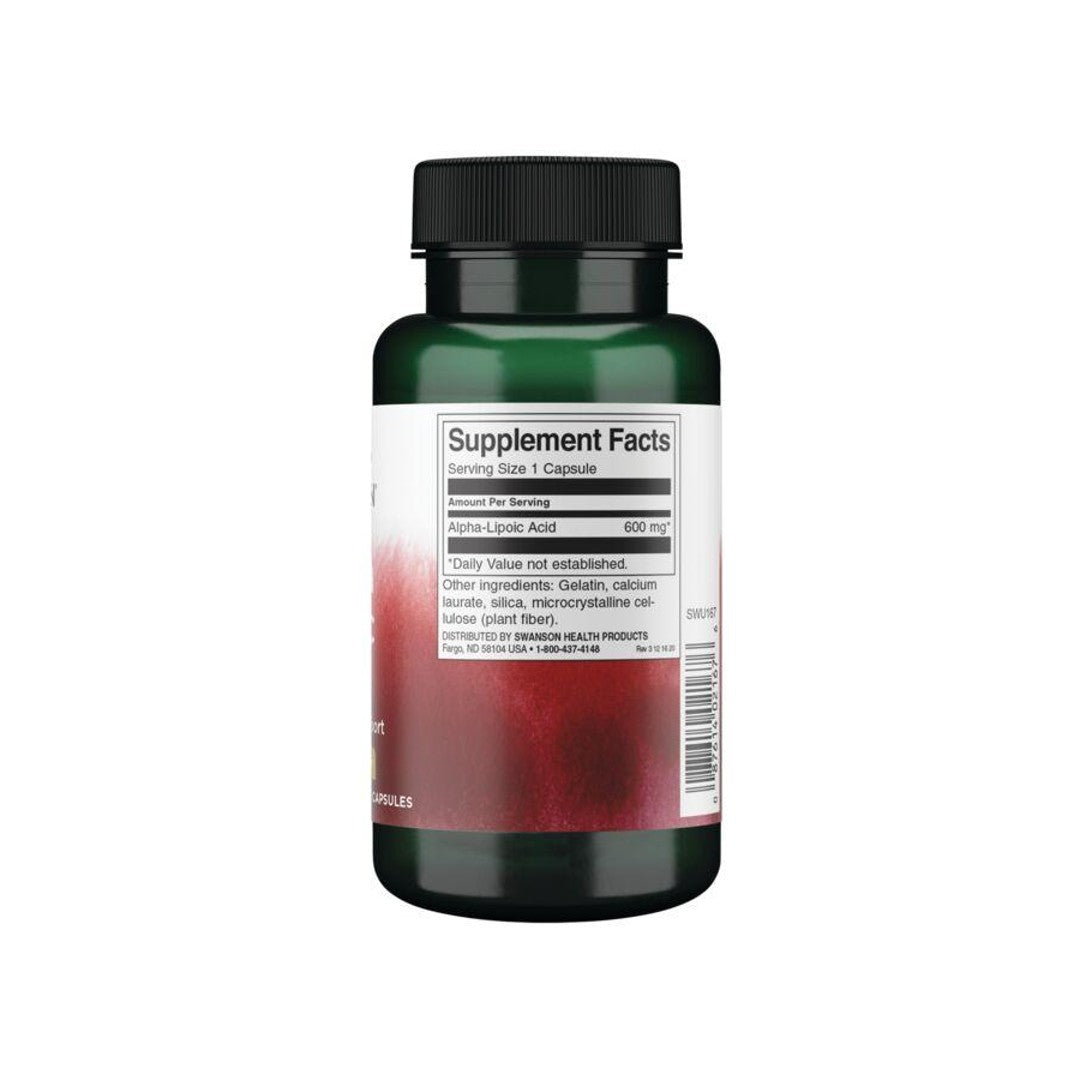 Un flacone di Acido alfa lipoico Swanson - 600 mg 60 capsule con etichetta rossa.
