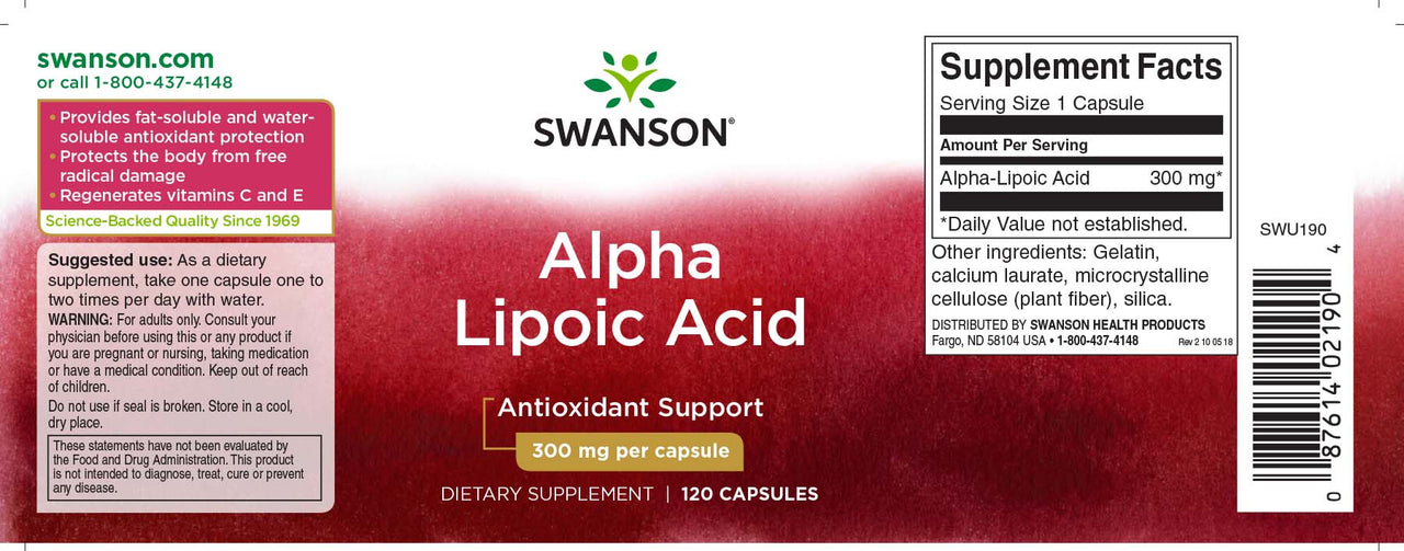 Un flacone di Acido alfa lipoico Swanson - 300 mg 120 capsule.