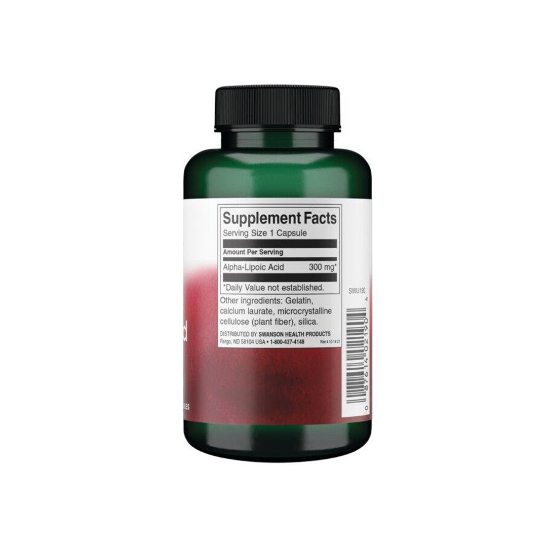 Flacone di Acido alfa lipoico Swanson - 300 mg 120 capsule su sfondo bianco.