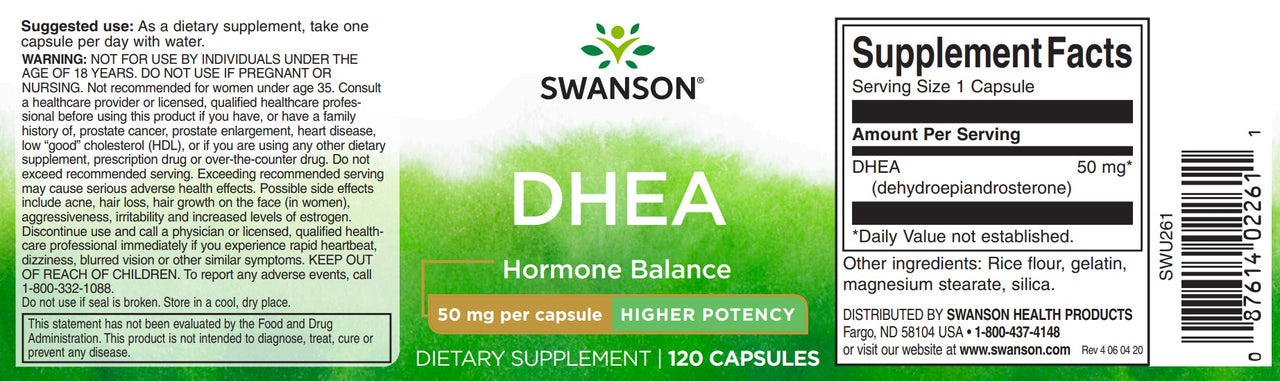 Un'etichetta per Swanson DHEA - 50 mg 120 capsule integratori.