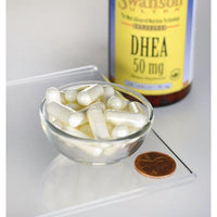 Miniatura di una ciotola di Swanson DHEA - 50 mg 120 capsule accanto a un flacone di Swanson DHEA - 50 mg 120 capsule.