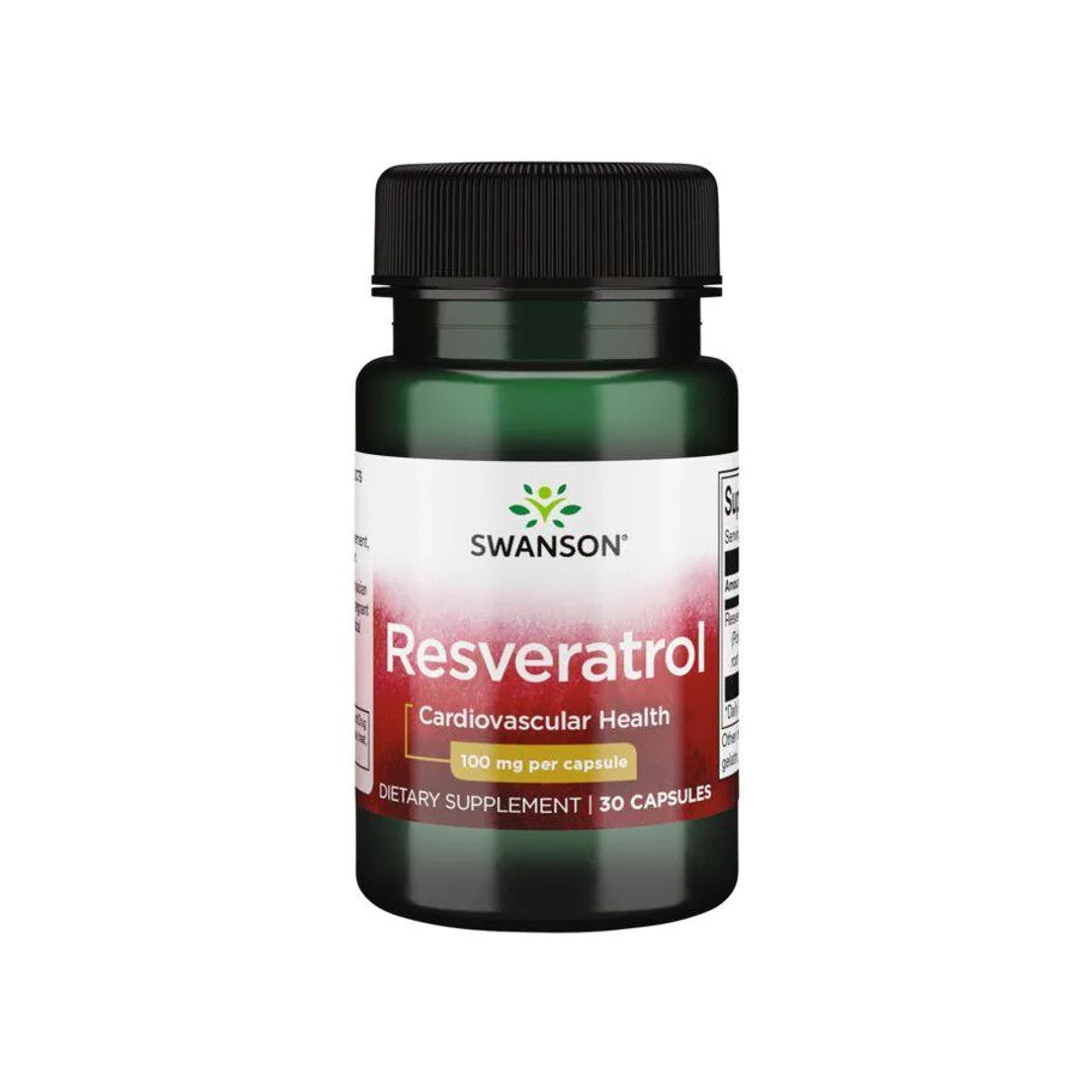 A bottle of Swanson Resveratrol - 100 mg 30 capsules, providing antioxidant protection for cellular longevity and cardiovascular wellness.