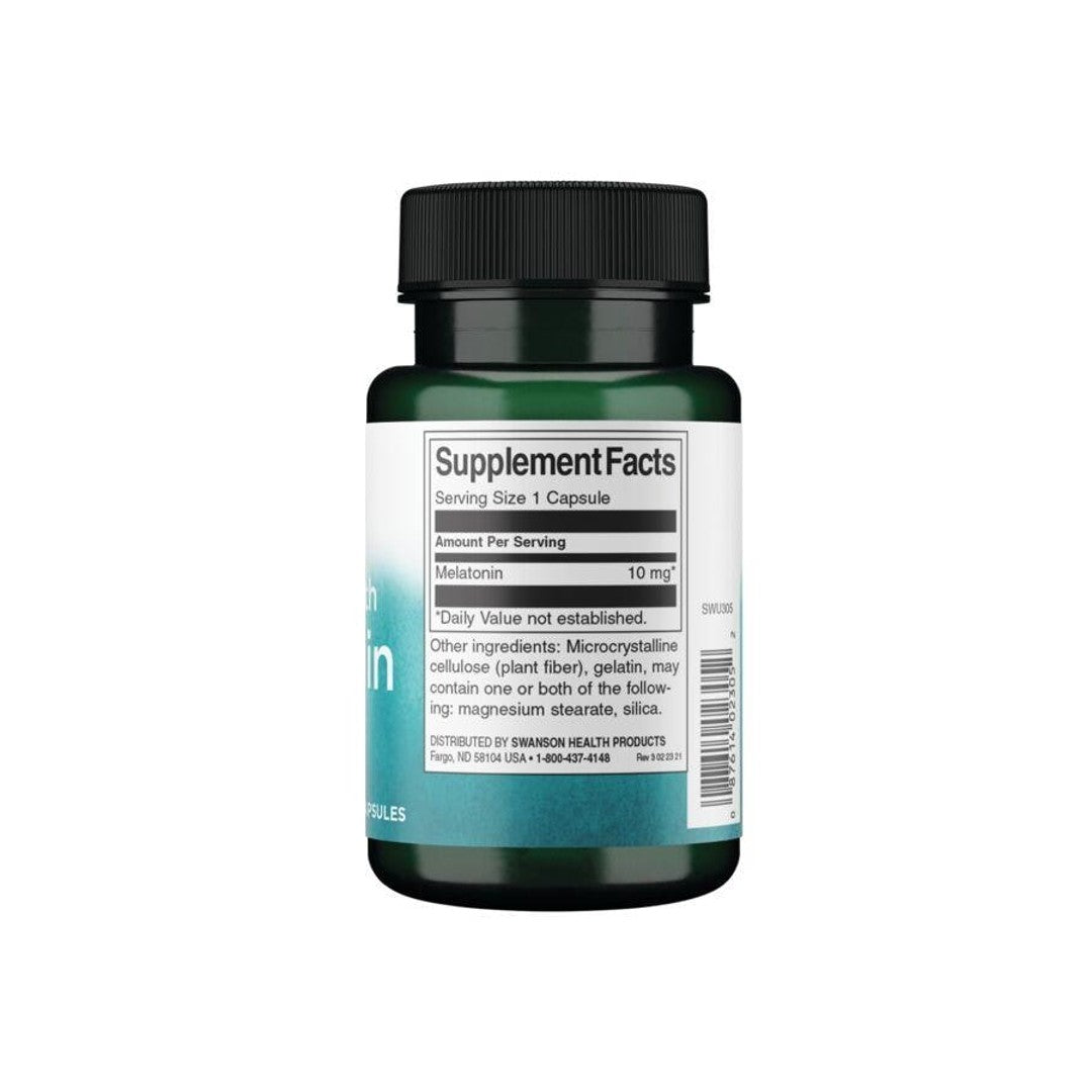 Un flacone di Swanson Melatonina - 10 mg 60 capsule su uno sfondo bianco.
