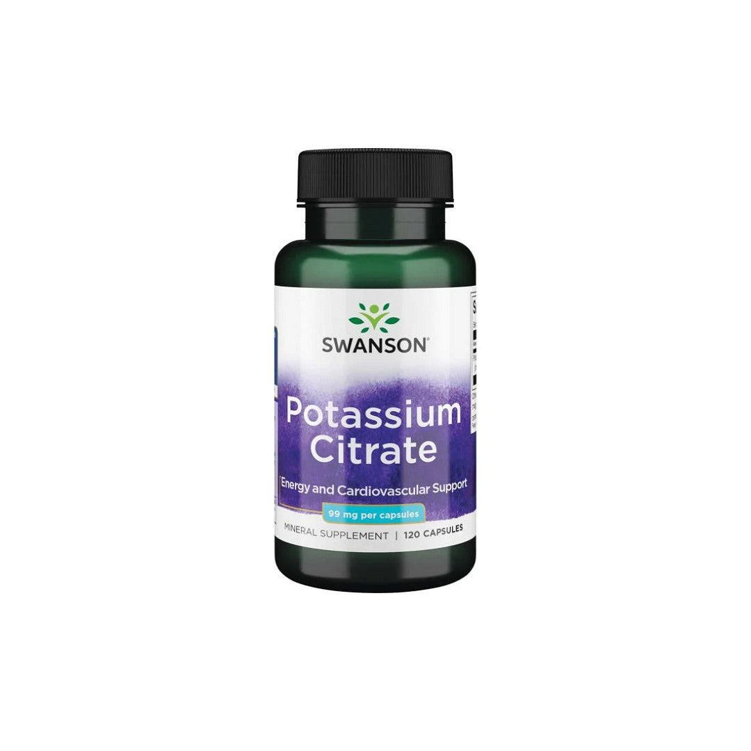 A green bottle labeled "Swanson Potassium Citrate 99 mg 120 Capsules" emphasizes its formula crafted for energy, cardiovascular support, and blood pressure maintenance. Each capsule contains 99 mg of this essential electrolyte mineral, totaling 120 capsules per bottle.