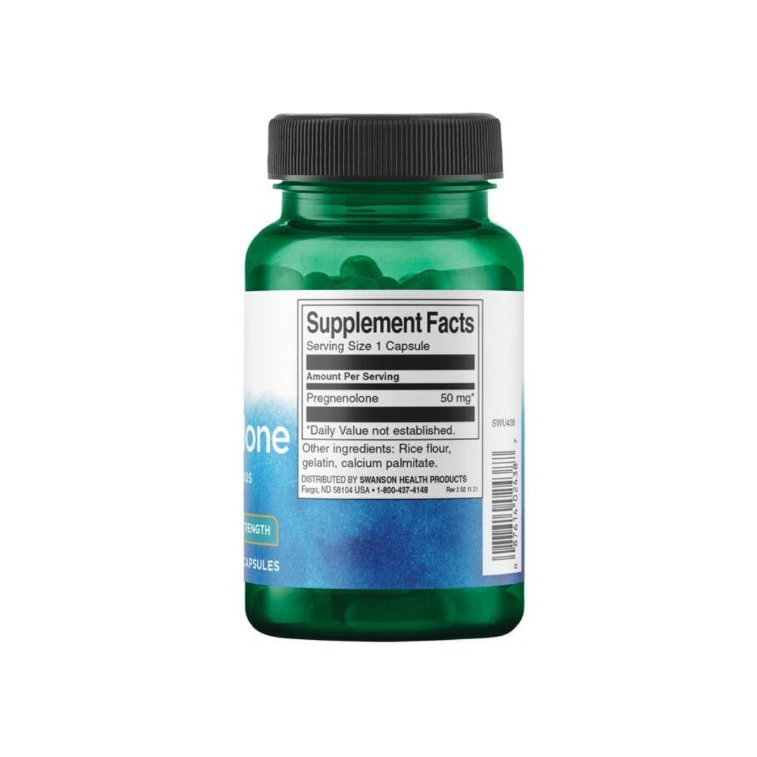 Un flacone di Swanson Pregnenolone - 50 mg 60 capsule, un pro-ormone e precursore ormonale, su sfondo bianco.
