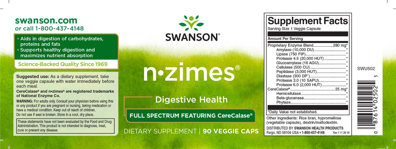 Swanson N-Zimes - 90 capsule vegetali integratore digestivo etichetta.