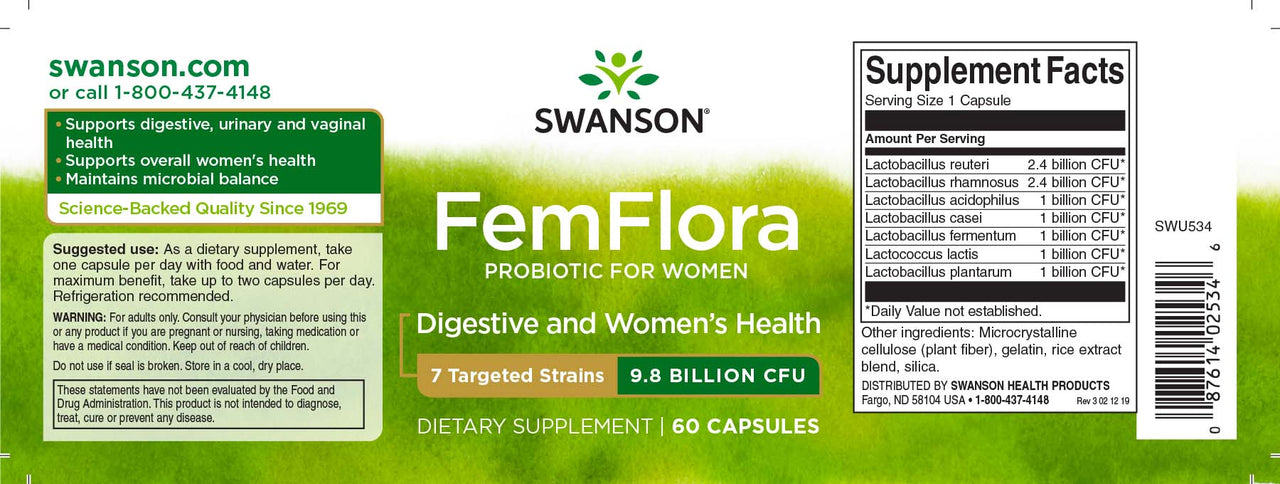 Swanson FemFlora Probiotic for Women - 60 capsule etichetta.