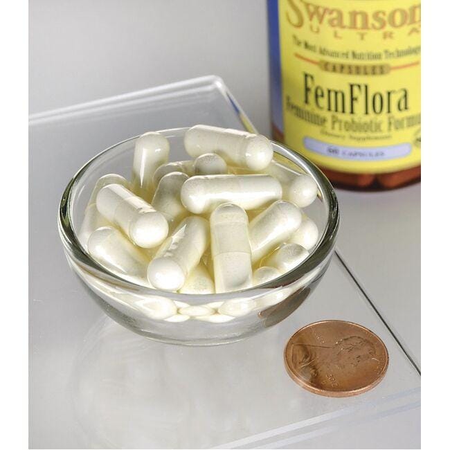 Un flacone di FemFlora Probiotic for Women - 60 capsule di Swanson e un centesimo in una ciotola.