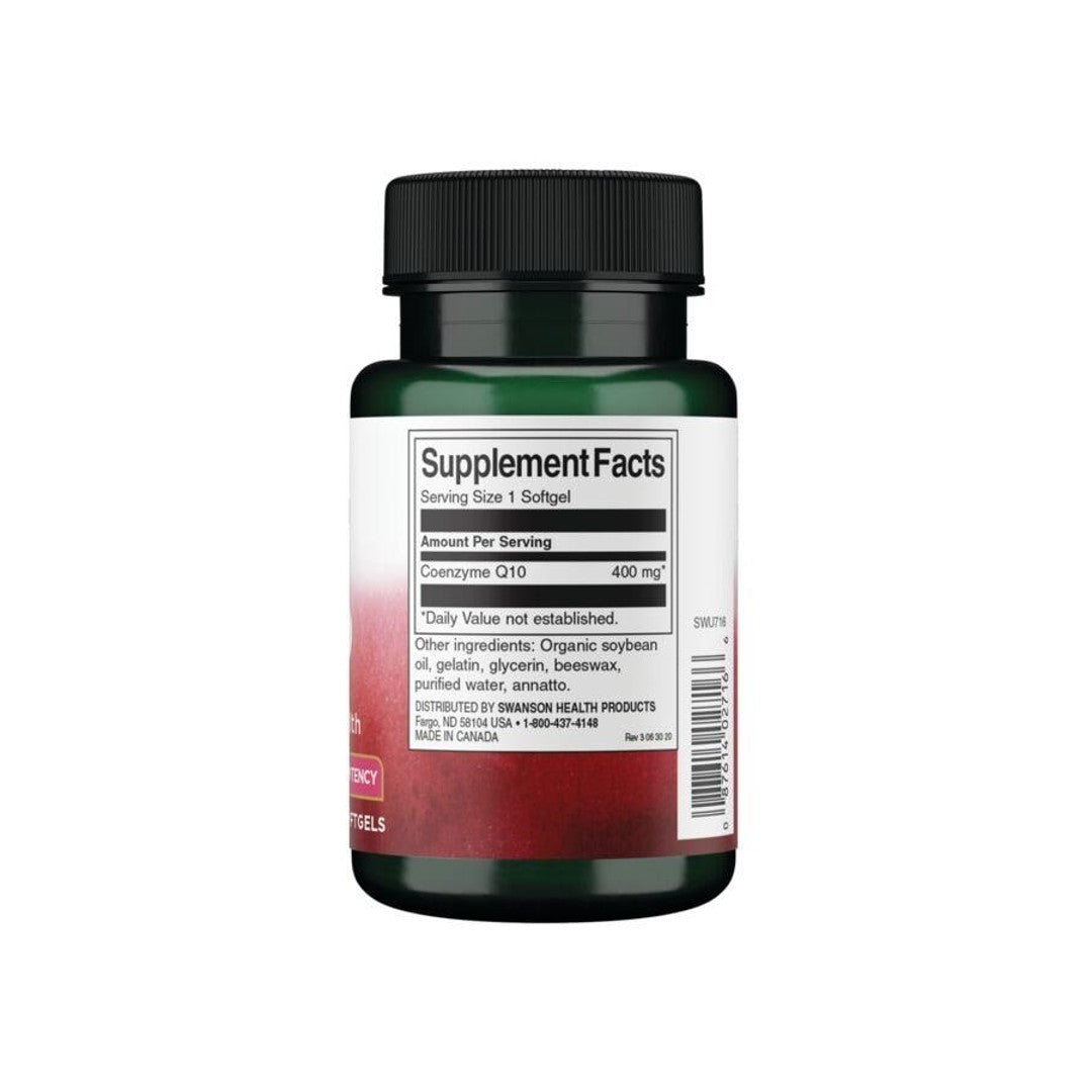 Flacone di Swanson Coenzima Q10 - 400 mg 30 softgels su sfondo bianco.