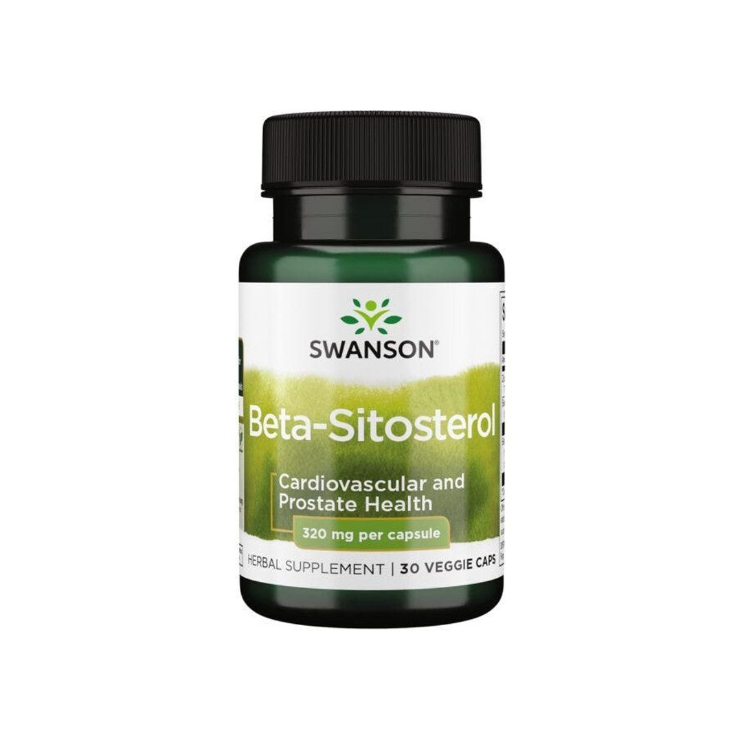 Un flacone di integratore alimentare Swanson Beta-Sitosterolo - 320 mg 30 capsule vegetali.