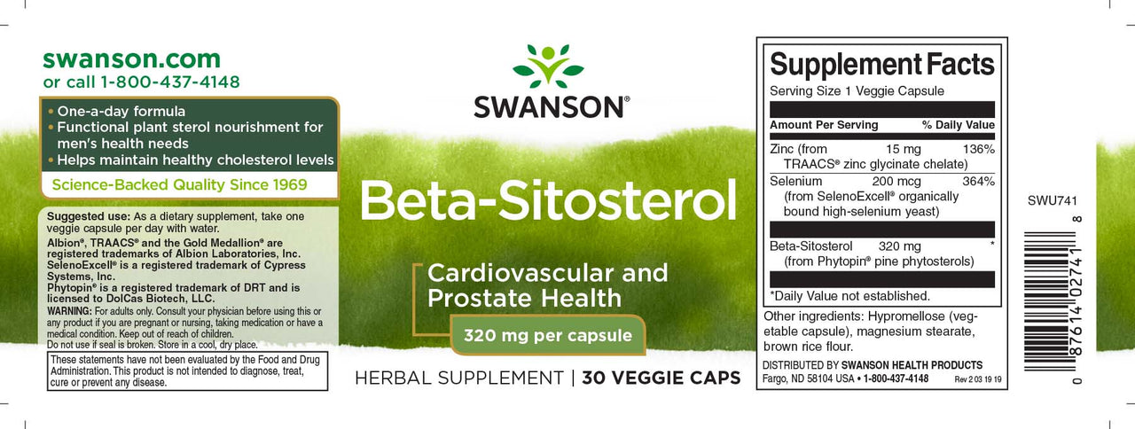 Swanson Beta-Sitosterolo - 320 mg 30 capsule vegetali Etichetta dell'integratore alimentare.