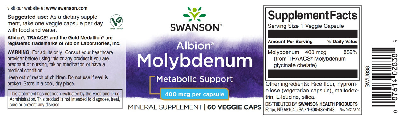 SwansonL'etichetta dell'integratore Molibdeno Chelato - 400 mcg 60 capsule favorisce il metabolismo e l'assorbimento.