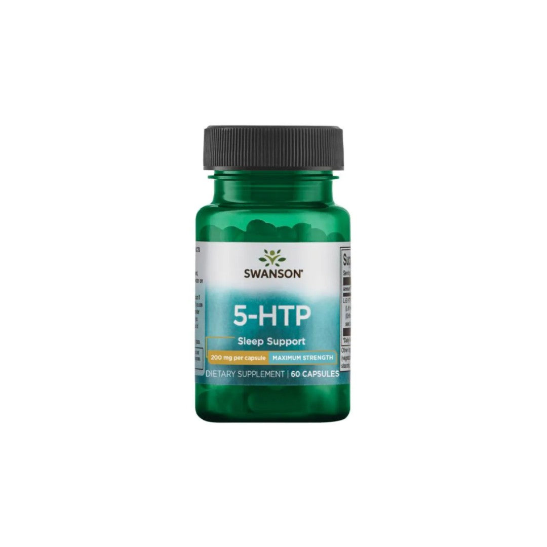 Un flacone di Swanson 5-HTP Maximum Strength 200 mg 60 Capsule su sfondo bianco.