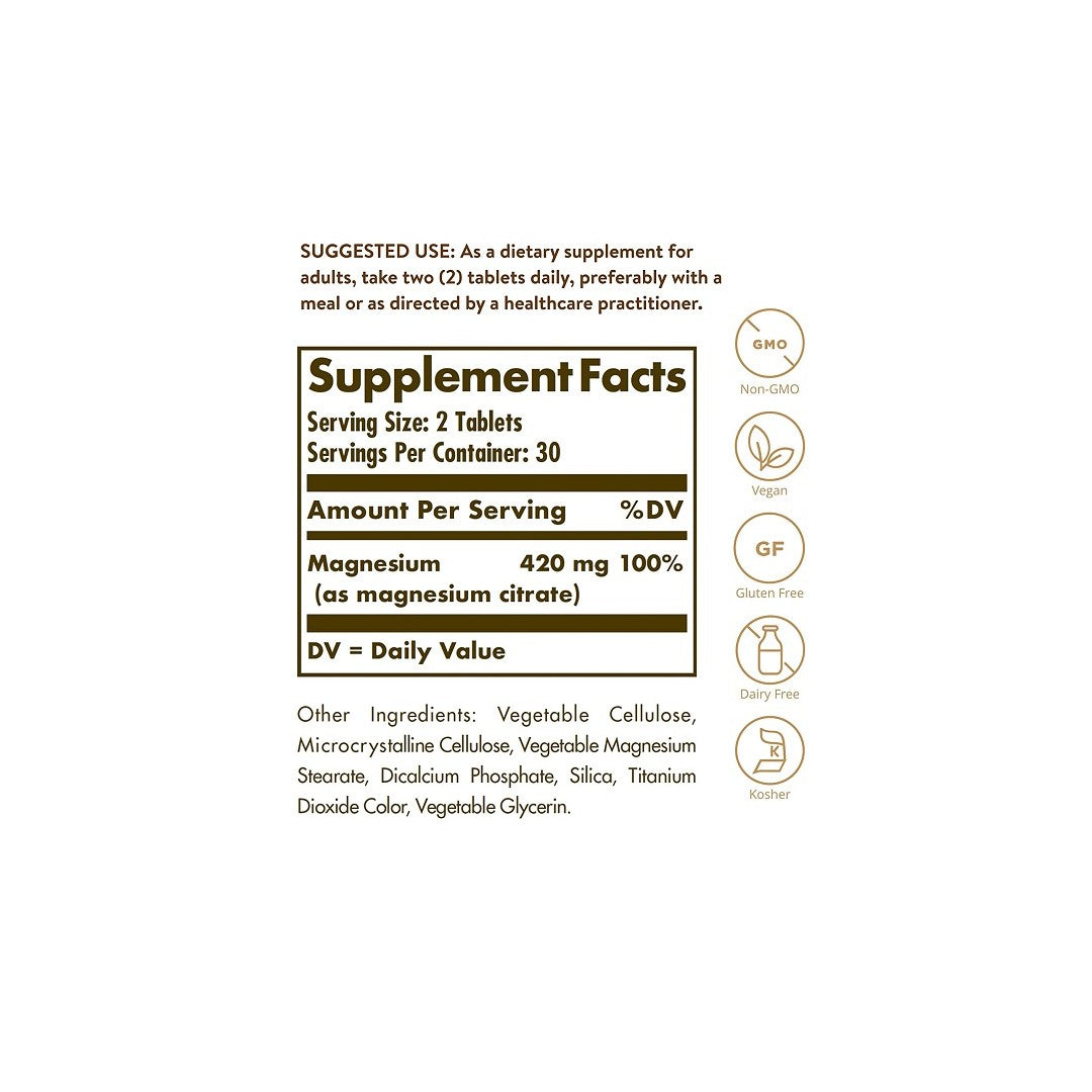 Un'etichetta che mostra gli ingredienti dell'integratore Solgar's Magnesium Citrate 420 mg 120 tabs.
