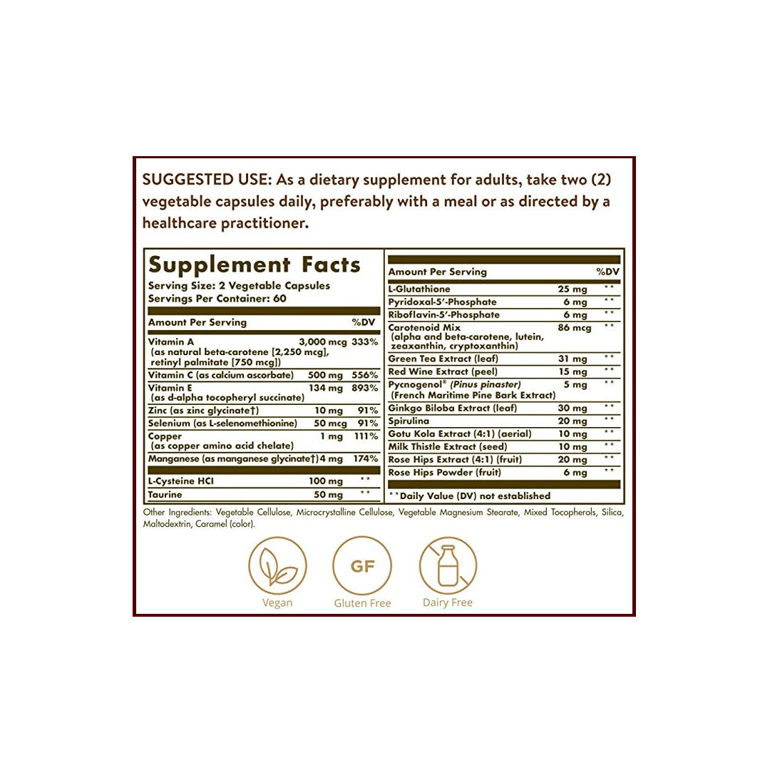 Un'etichetta che mostra gli ingredienti dell'integratore Solgar's Advanced Antioxidant Formula 120 Vegetable Capsules.