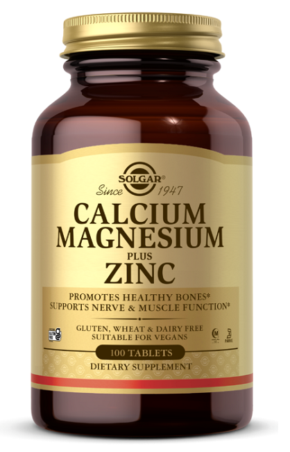 Un flacone da 100 compresse di Solgar Calcium Magnesium Plus Zinc, un integratore alimentare.