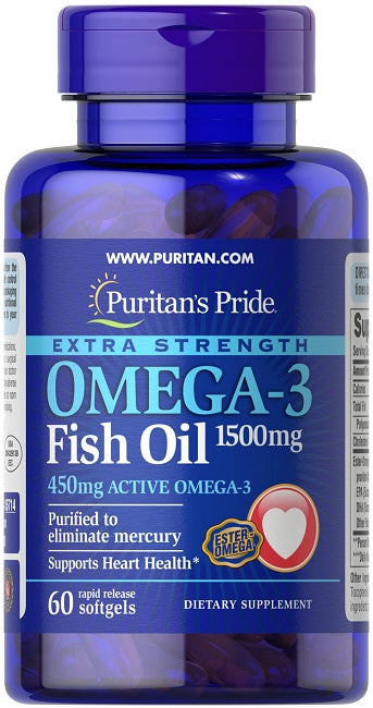 Puritan's Pride Olio di pesce Omega-3 Extra Strength 1500 mg (450 mg di Omega-3 attivi) 60 Capsule molli a rilascio rapido.