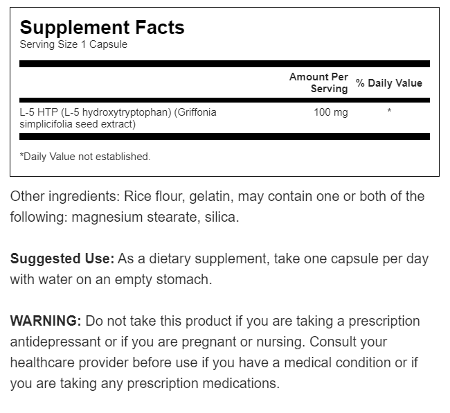 L'etichetta dell'integratore 5-HTP Extra Strength di Swanson- 100 mg 60 capsule con l'elenco degli ingredienti.