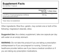 Miniatura di un'etichetta dell'integratore 5-HTP Extra Strength di Swanson- 100 mg 60 capsule con l'elenco degli ingredienti.