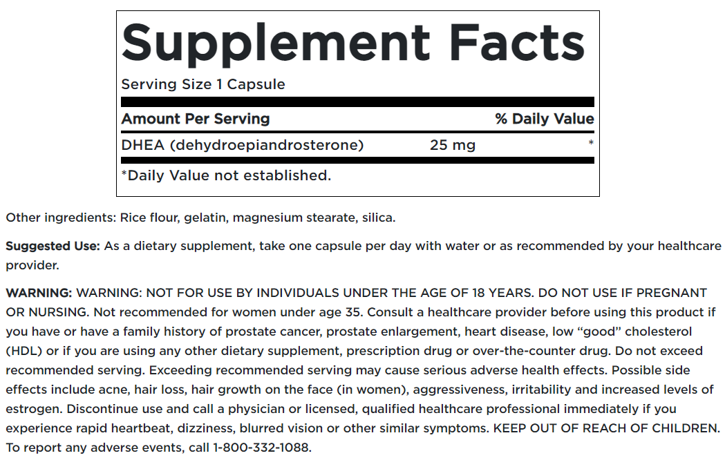 Un'etichetta dell'integratore Swanson con informazioni sul DHEA - High Potency - 25 mg 120 capsule.