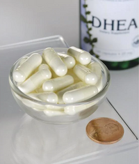 Miniatura di un flacone di Swanson DHEA - High Potency - 25 mg 120 capsule in una ciotola accanto a un penny.